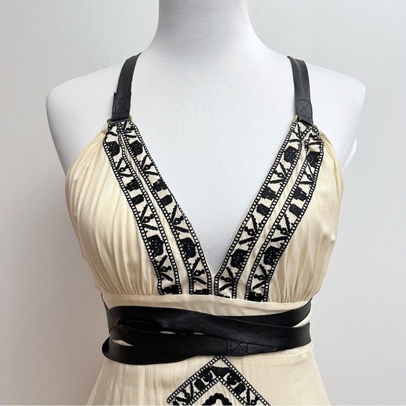 Twelfth Street Edgy Boho Leather Strappy Embroidered cream Cascading Maxi Dress - Picture 2 of 14